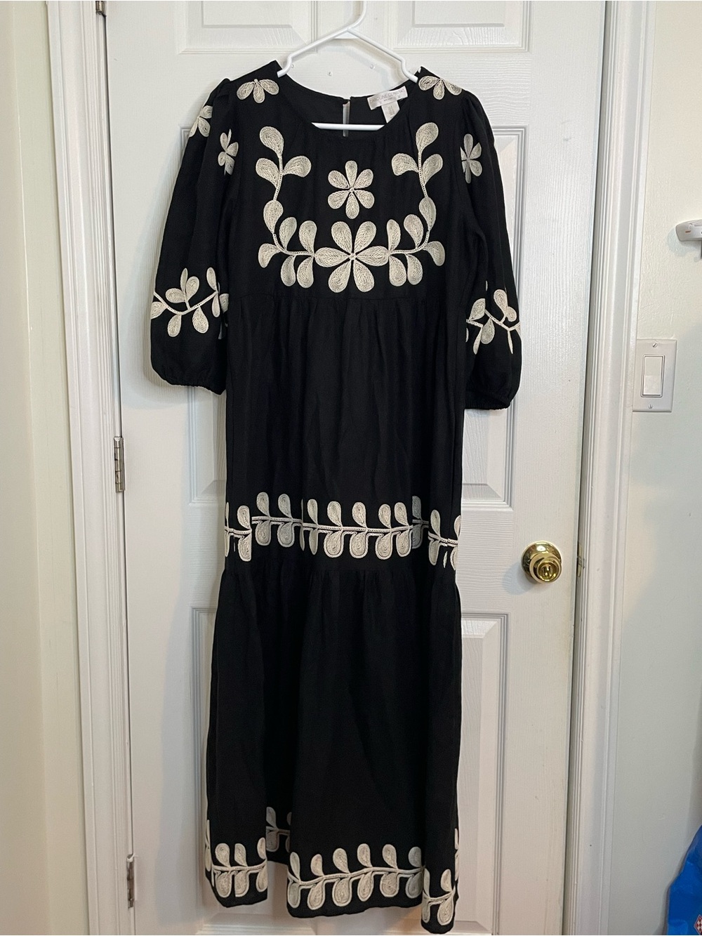 Caroline Constas Linen Rayon Black Maxi Dress with Cream Floral Embroidery US8 M